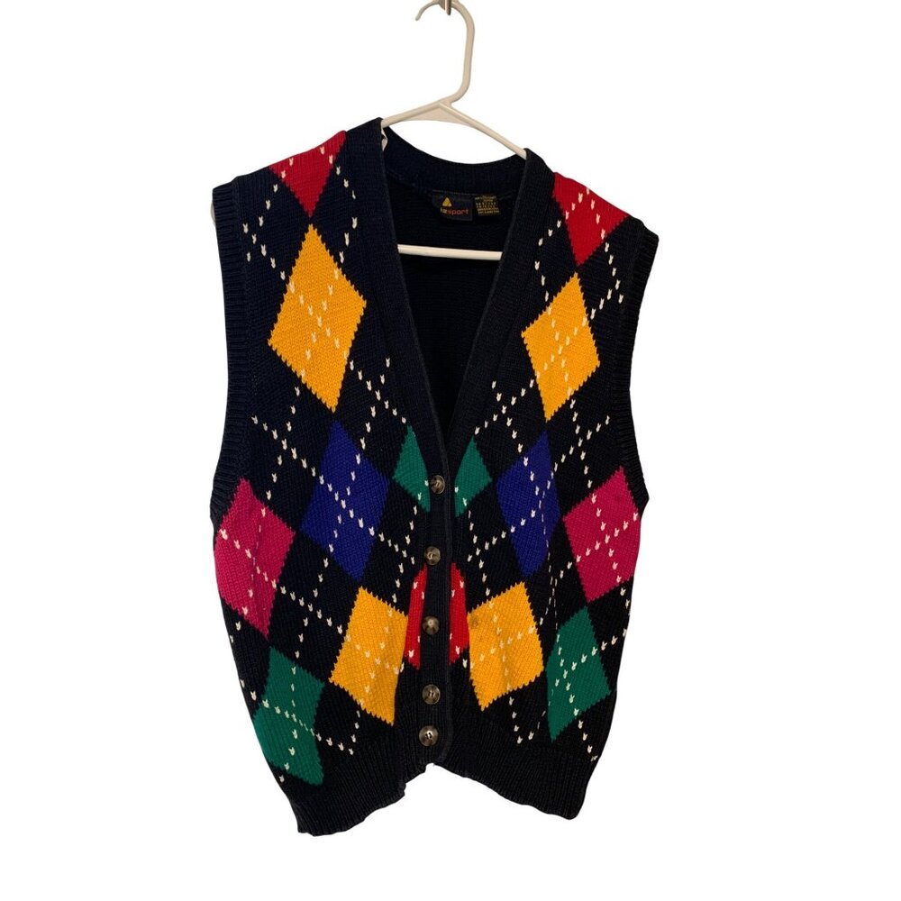 Vintage Liz Sport Womens Size Large Vest Sweater Argyle Multicolor Button Up Sle